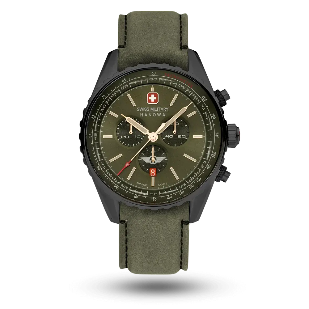 Montre Swiss Military Hanowa Afterburn Chrono Khaki, PVD gris sur Bracelet cuir - SMWGC0000340