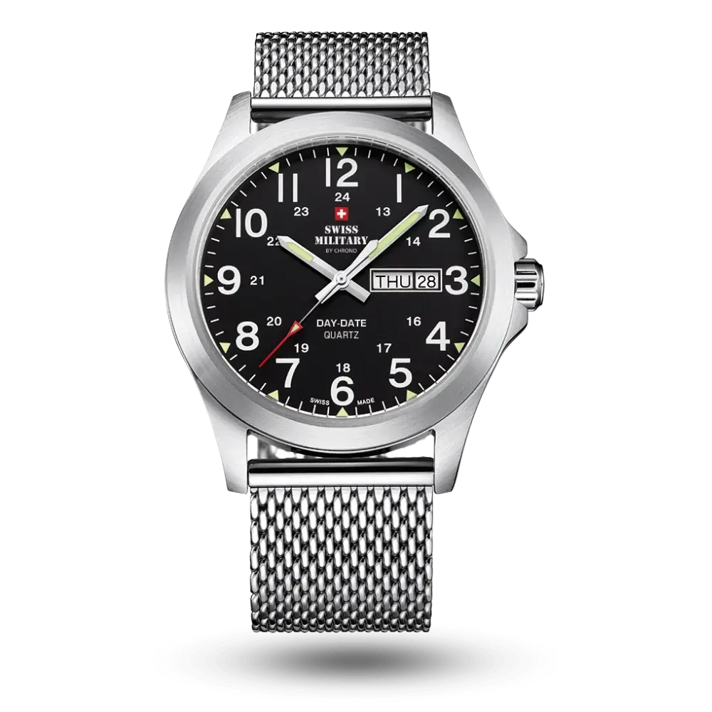 Montre Swiss Military By Chrono Quartz Day-Date Ø42mm Noir, Bracelet milanais – SM36040.13