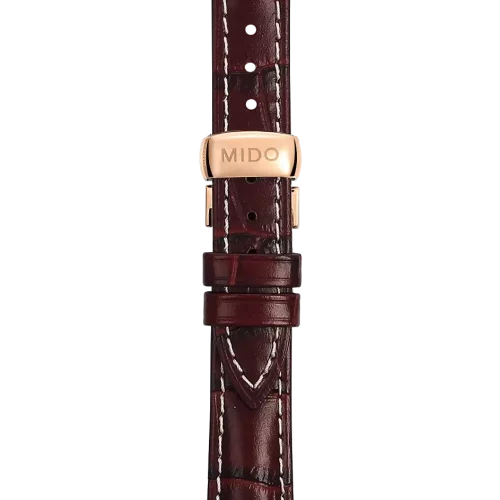 Bracelet Mido Baroncelli Tradition Lady 15/13 en cuir brun foncé avec boucle papillon PVD or rose - M600011205