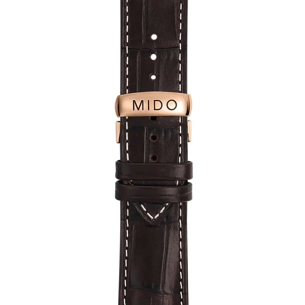 Bracelet Mido Multifort Chrono 23/20 en cuir brun foncé avec boucle papillon PVD or rose - M600011870