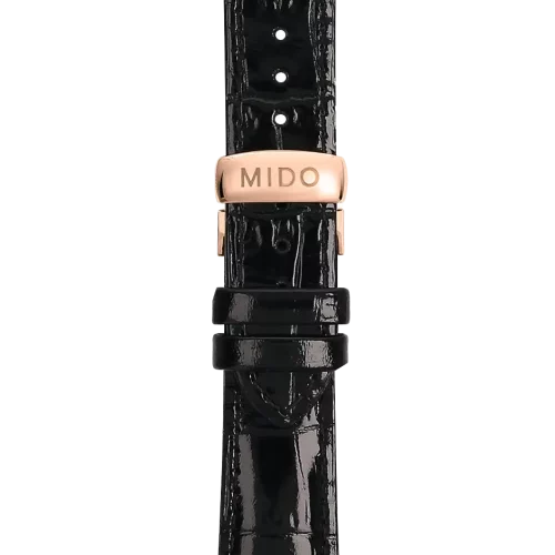 Bracelet Mido Multifort Lady Chrono 19/16 en cuir noir avec boucle papillon PVD or rose - M600012791