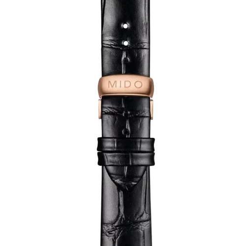 Bracelet Mido Baroncelli Lady Prisma 18/16 en cuir noir avec boucle papillon PVD or rose - M600015609
