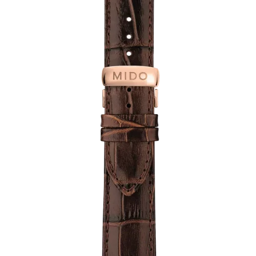 Bracelet Mido Baroncelli Tradition 20/18 en cuir brun avec boucle papillon PVD or rose - M600015772