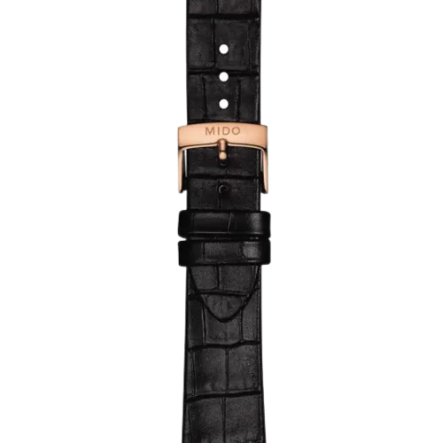 Bracelet Mido Multifort Datometer 19/16 en cuir noir avec boucle ardillon PVD or rose - M600016337
