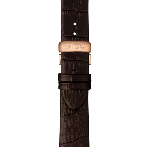 Bracelet Mido Belluna 20/18 en cuir brun foncé avec boucle papillon PVD or rose - M600016388