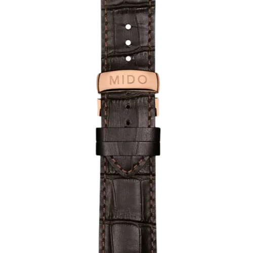 Bracelet Mido Multifort Chronometer 22/20 en cuir brun foncé avec boucle papillon PVD or rose - M600016481