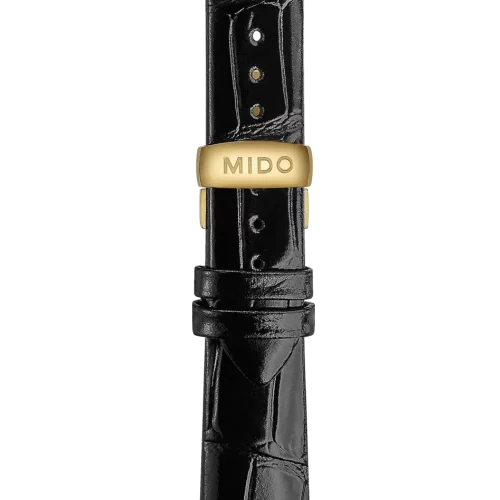 Bracelet Mido Baroncelli Wild Stone 18/16 en cuir noir avec boucle papillon PVD or jaune - M600016813