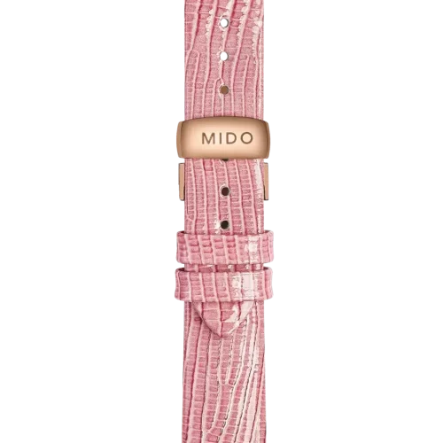 Bracelet Mido Rainflower 15/14 en cuir rose imprimé lézard avec boucle papillon PVD or rose - M600017023