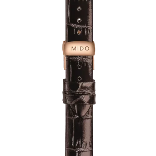 Bracelet Mido Rainflower 15/14 en cuir brun foncé avec boucle papillon PVD or rose - M600017026