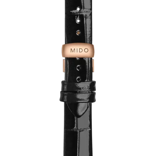 Bracelet Mido Rainflower 15/14 en cuir noir avec boucle papillon PVD or rose - M600017027