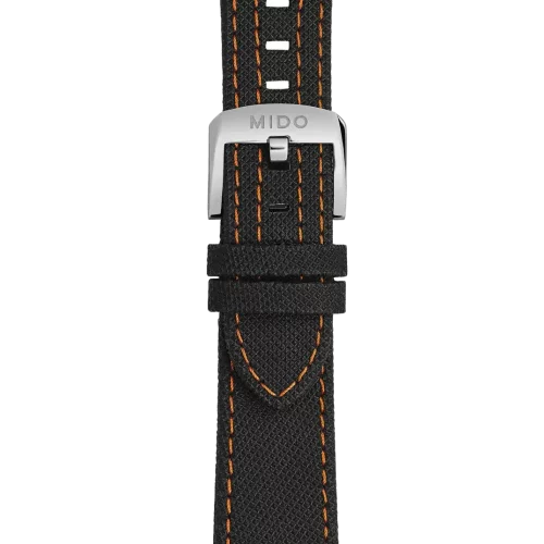 Bracelet Mido Ocean Star Tribute 21/18 en textile et cuir noir avec surpiqûres orange - M600017062