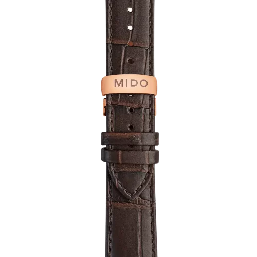 Bracelet Mido Baroncelli Signature 20/18 en cuir brun foncé avec boucle papillon PVD or rose - M600017755