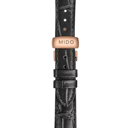Bracelet Mido Baroncelli Signature Lady 15/13 en cuir noir avec boucle papillon PVD or rose - M600017854