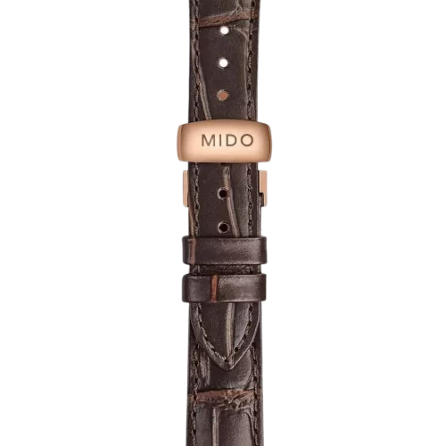 Bracelet Mido Baroncelli Signature Lady 15/13 en cuir brun avec boucle papillon PVD or rose - M600017856