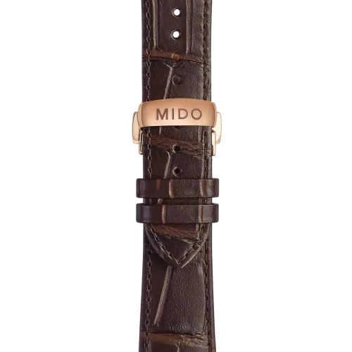 Bracelet Mido Multifort Skeleton 22/18 en cuir brun foncé avec boucle papillon PVD or rose - M600018257