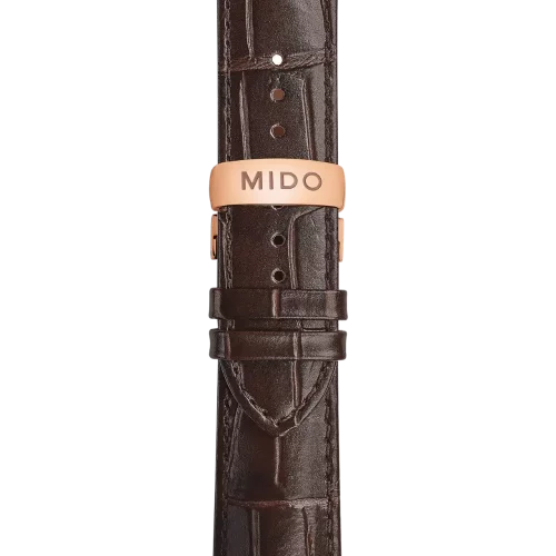 Bracelet Mido Commander Chrono 22/20 en cuir brun foncé avec boucle papillon PVD or rose - M600018329