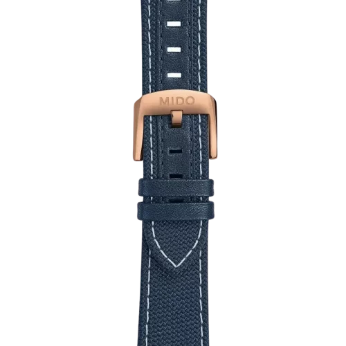 Bracelet Mido Ocean Star Tribute 21/18 en textile et cuir bleu avec surpiqûres blanches - M604017780
