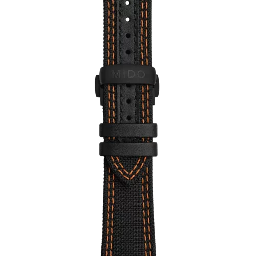 Bracelet Mido Multifort Skeleton 22/18 en textile et cuir noir avec surpiqûres orange - M604018302