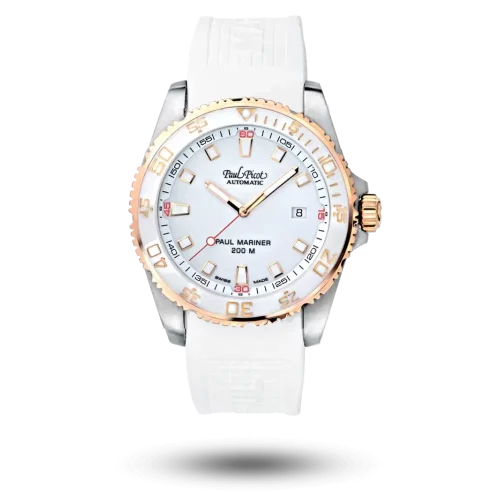 Paul Picot Paul Mariner III Blanc, Bicolore Or rose 18k sur Bracelet caoutchouc – P4352.SRG.CBL.1624.CM051