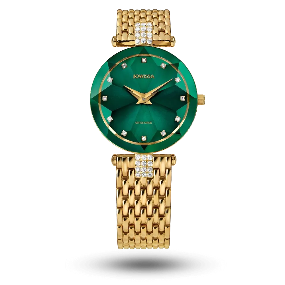 Montre Jowissa Facet Strass Ø30mm Vert sur bracelet métal doré – J5.497.M