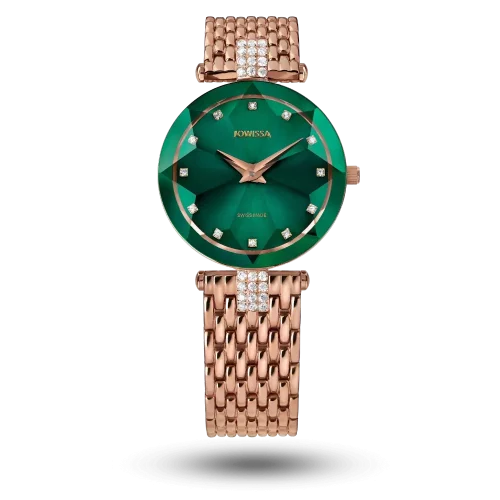 Montre Jowissa Facet Strass Ø30mm Vert sur bracelet métal rosé – J5.776.M