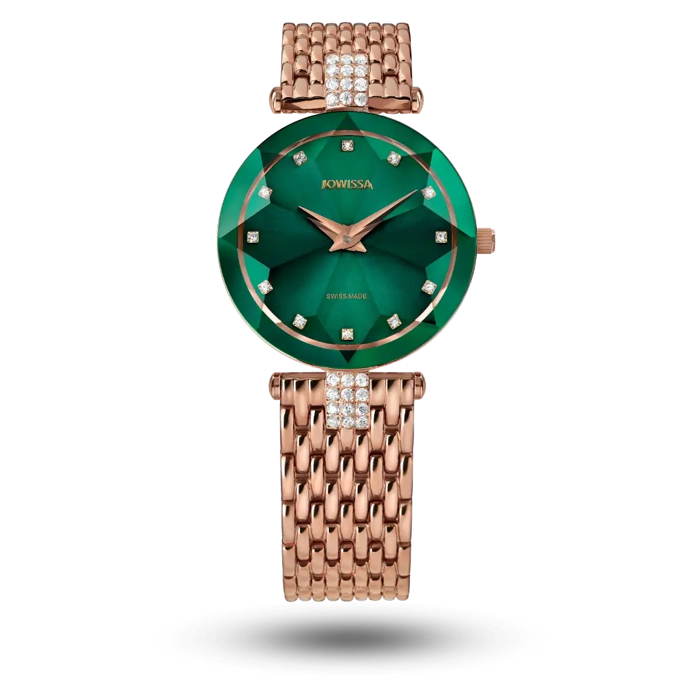 Montre Jowissa Facet Strass Ø30mm Vert sur bracelet métal rosé – J5.776.M